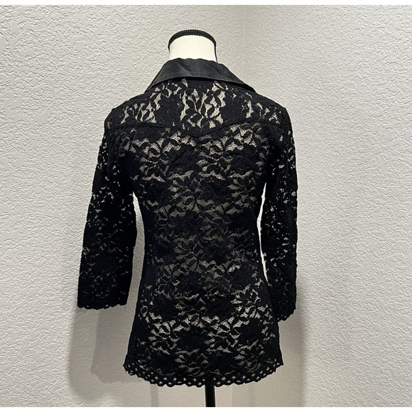 Vintage Cache Sheer Lace Collared Blouse Silk Trim Size L Y2k Grunge Classic - Picture 3 of 8
